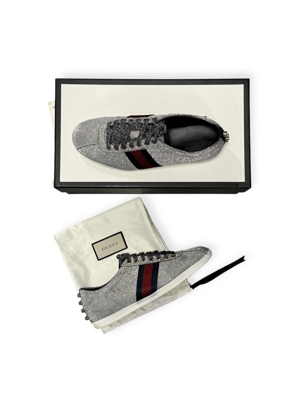 Size 7G (8US) Gucci Silver Glitter Leather Bambi Web Mens